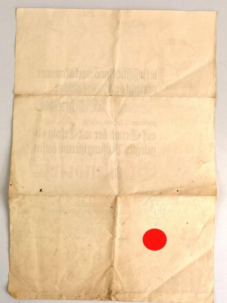 "Gesellenbrief für das Maler- und Weißbinder Handwerk", Maße: 47 x 32 cm, datiert 1936 Darmstadt, mehrmals geknickt