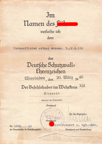 Verleihungsurkunde für das Deutschen Schutzwall-Ehrenzeichen, ausgestellt im März 1940, geklebt