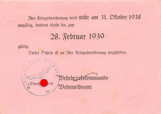 Verlängerung der Kriegsbeorderung bis 28. Februar 1939