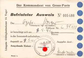 "Befristeter Ausweis" für den Aufenthalt in der Innenstadt von Gross-Paris, 04.05 1941, ca. 9,5 x 13,5 cm , guter Zustand
