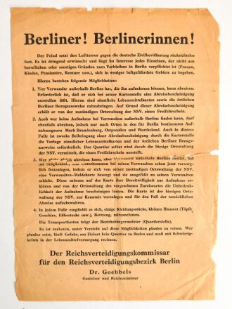 Luftschutz, Flugblatt/Wandanschlag "Berliner! Berlinerinnen!", Dr. Goebbels, ohne Jahr, ca. DIN A4, gebraucht