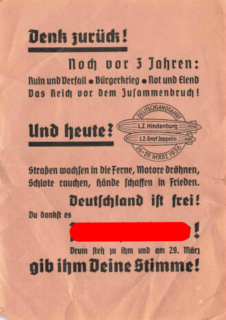 Flugblatt: "Denkt zurück! noch vor 3 Jahren, 26.-29. März 1936, Maße 10,5 x 14,5 cm 