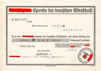 Spendenbescheinigung "Adolf-Hitler-Spende der...