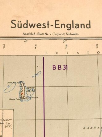 Militärorgeographische Objektkarte "Südwest-England" , Maße: 85 x 95,5 cm, datiert: 1940, gebraucht