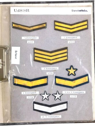 Russland UDSSR, Sammlung Abzeichen zum Thema Effekten Heer , 13 Seiten,  auf Karton aufgetackert