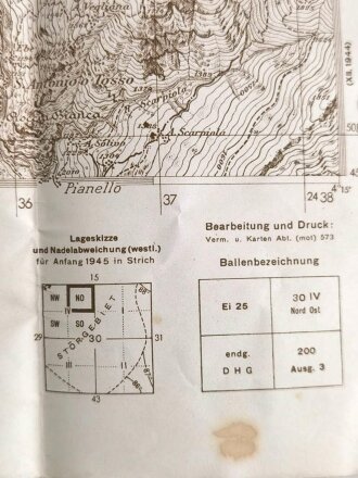 Deutsche Heereskarte "Bannio" Italien, Maße: 50 x 45 cm, datiert: 1945, stark gebraucht
