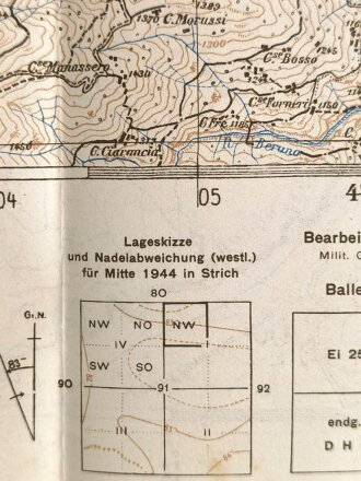 Deutsche Heereskarte "Frabosa Soprana" Italien, Maße: 49 x 45,5 cm, datiert: 1944, gebraucht