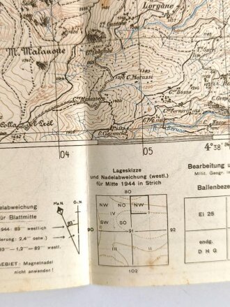 Deutsche Heereskarte "Frabosa Soprana" Italien, Maße: 49 x 45,5 cm, datiert: 1944, gebraucht