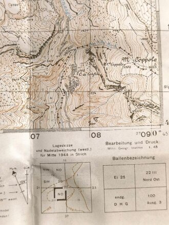 Deutsche Heereskarte "Val Tolva" Italien, Maße: 49 x 44,5 cm, datiert: 1944, gebraucht