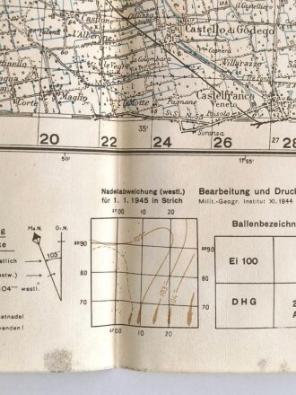 Deutsche Heereskarte "Bassano del Grappa" Italien, Maße: 51 x 48 cm, datiert: 1945, gebraucht