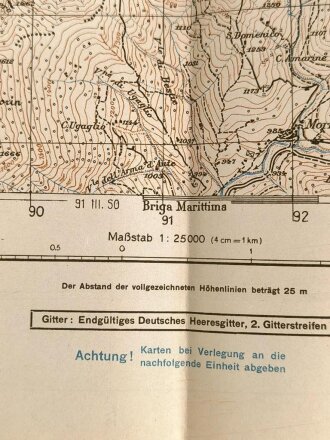 Deutsche Heereskarte "Tenda" Italien, Maße: 49 x 46 cm, datiert: 1944, gebraucht