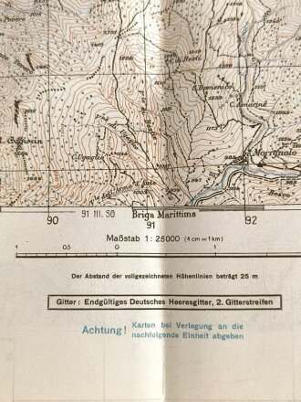 Deutsche Heereskarte "Tenda" Italien, Maße: 49 x 45,5 cm, datiert: 1944, gebraucht