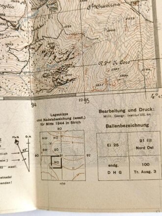 Deutsche Heereskarte "Tenda" Italien, Maße: 49 x 45,5 cm, datiert: 1944, gebraucht