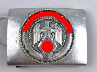 Koppelschloss für Angehörige der Hitlerjugend. Aluminium, Hakenkreuz entnazifiziert, Hersteller m4/39