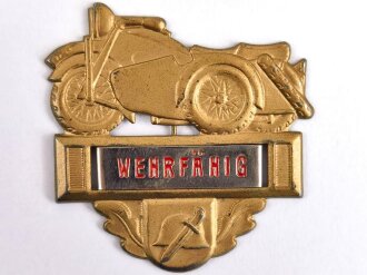 Frühe Wehrmacht , Blechabzeichen " Wehrfähig" mit Krad. Breite 49mm