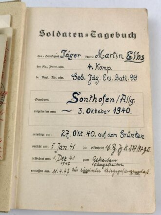 Gebirgsjäger Ers. Batl. 99 Sonthofen Allgäu. Soldaten Tagebuch mit 15 Fotos, dazu diverse Ansichtskarten und Briefe