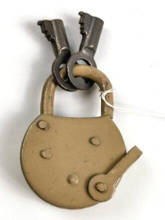 Wehrmacht Vorhängeschloss "Bora 1944", Originallack, Neuwertig mit zwei Schlüsseln, so auch an den Motorradpacktaschen verwandt
