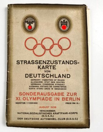 NSKK, DDAC, Strassenzustandskarte von Deutschland, Sonderausgabe zur XI: Olympiade in Berlin, August 1936, Maße: 88 x 117 cm