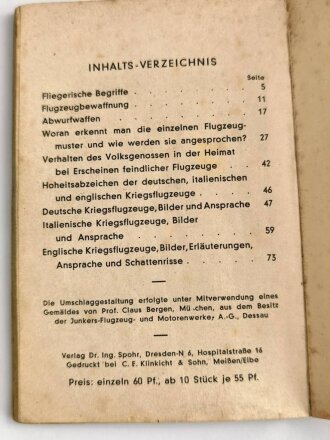 "Deutsche, Italienische, Englische Kriegsflugzeuge" Bilder, Bewaffnung, Erkennen, Ansprache usw. Stand Winter 1940. Kleinformat, abgegriffen