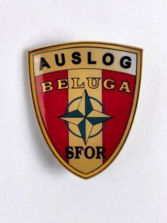 Österreich, Truppenkörperabzeichen Bundesheer " Auslog, Beluga SFOR " Breite 4,2 cm, höhe 5,4 cm, Rückseitig mit Kleberesten