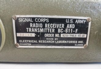 U.S. 1945 dated Signal Corps Radio BC-611-F. Used, original paint, Function not tested