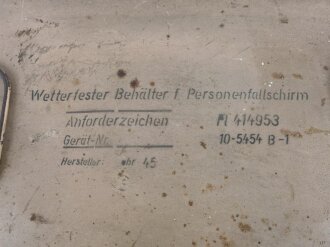 Fallschirmtruppe, Wetterfester Behälter für Personenfallschirm  Fl 414953, Hersteller ebr45,  Originallack, für Gurtzeug und Fallschirm RZ20