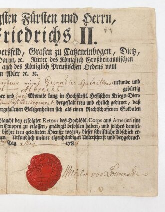 Hessen, Militärabschied eines Angehörigen der Kontinentalarmee im Amerikanischen Unabhängigkeitskrieg 1775-1783.