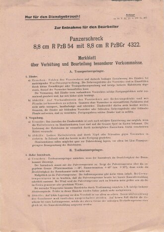 "Panzerschreck - Merkblatt über Verhütung und Beurteilung besonderer Vorkommnisse" 1 Blatt, DIN A5