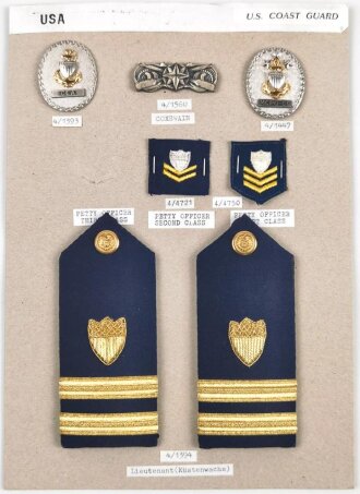 U.S. Coast Guard, Sammlung Abzeichen der Küstenwache, auf Karton getackert