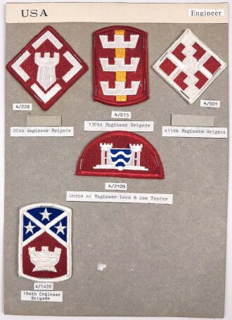 U.S. Army, Sammlung Ärmelabzeichen " Ingenieure ", auf Karton getackert