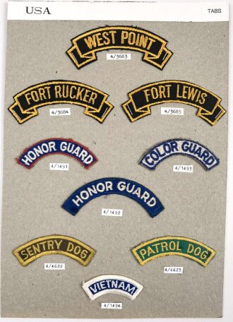 U.S. Army, Sammlung Ärmelabzeichen, auf Karton getackert