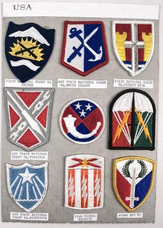 U.S. Army, Sammlung Ärmelabzeichen " Nationalgarde ", auf Karton getackert