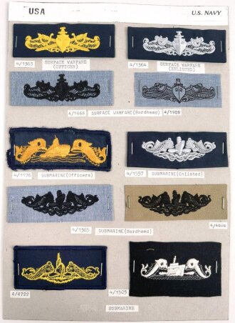 U.S. Navy, Sammlung Abzeichen, auf Karton getackert