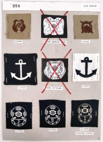 U.S. Navy, Sammlung Ärmelabzeichen, auf Karton getackert