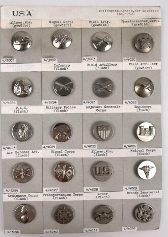 U.S. Army, Sammlung verschiedener Abzeichen " Waffengattungsabzeichen für Soldaten ab circa 1950 "