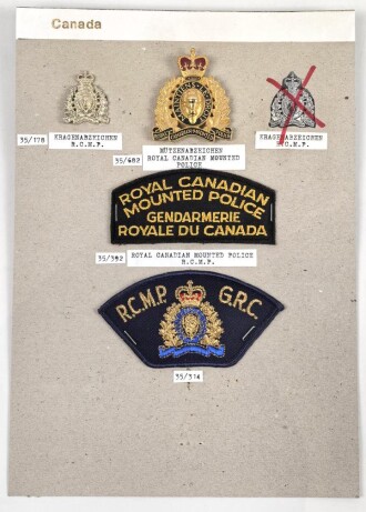 Canada Polizei, Sammlung Abzeichen/ Ärmelabzeichen und Kragenabzeichen, auf Karton getackert