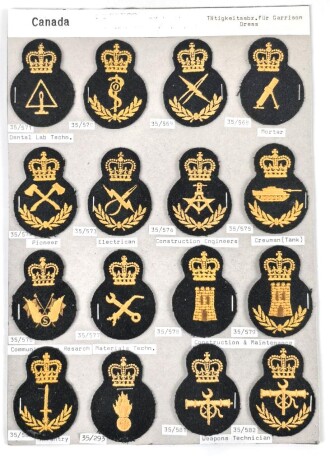 Canada Army, Sammlung Tätigkeitsabzeichen für Garrison Dress, auf Karton getackert