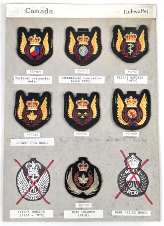 Canada Air Force, Sammlung Abzeichen/ Ärmelabzeichen, auf Karton getackert
