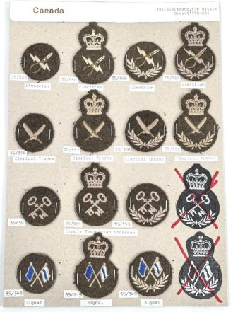 Canada Army, Sammlung Tätigkeitsabzeichen für Battle Dress von 1956 - 1968, auf Karton getackert