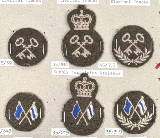 Canada Army, Sammlung Tätigkeitsabzeichen für Battle Dress von 1956 - 1968, auf Karton getackert