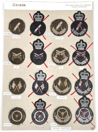 Canada Army, Sammlung Tätigkeitsabzeichen für Battle Dress von 1956 - 1968, auf Karton getackert