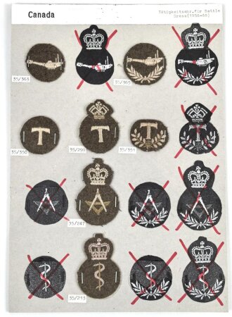 Canada Army, Sammlung Tätigkeitsabzeichen für Battle Dress von 1956 - 1968, auf Karton getackert