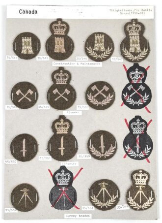 Canada Army, Sammlung Tätigkeitsabzeichen für Battle Dress von 1956 - 1968, auf Karton getackert