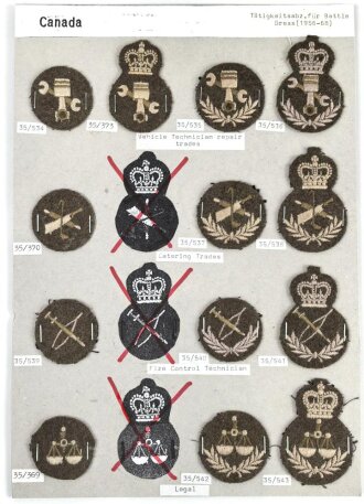 Canada Army, Sammlung Tätigkeitsabzeichen für Battle Dress von 1956 - 1968, auf Karton getackert
