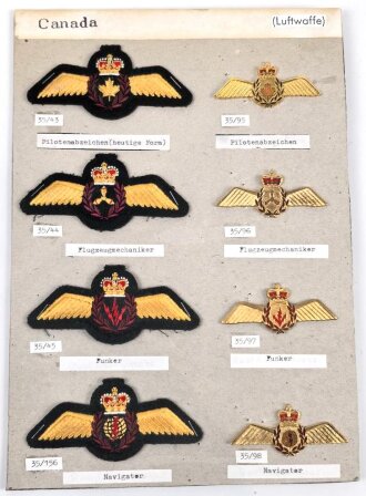 Canada Luftwaffe, Sammlung Abzeichen, auf Karton getackert