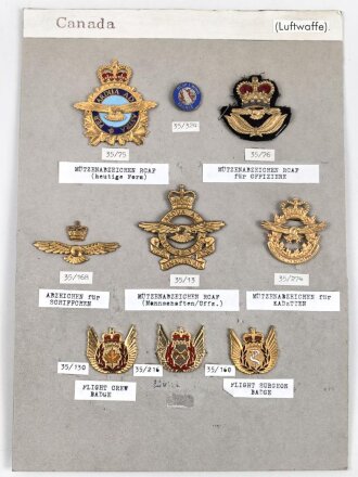 Canada Luftwaffe, Sammlung Abzeichen/ Mützenabzeichen, auf Karton getackert