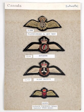 Canada Luftwaffe, Sammlung Pilotenschwingen, auf Karton getackert