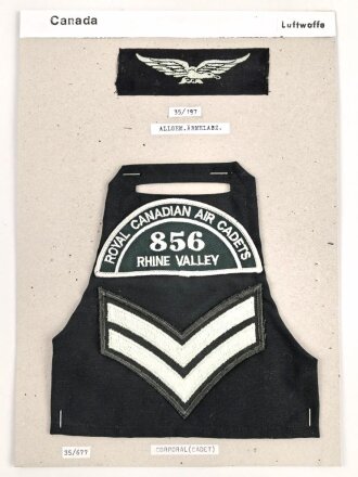 Canada Luftwaffe, Sammlung Ärmelabzeichen und Armbinde, auf Karton getackert