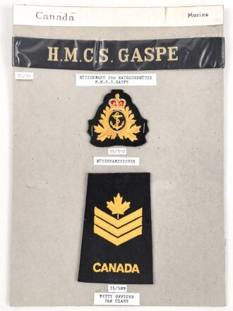 Canada Marine, Sammlung Rangabzeichen und Mützenband, auf Karton getackert