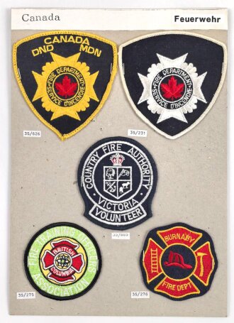 Canada Feuerwehr, Sammlung Ärmelabzeichen, auf Karton getackert